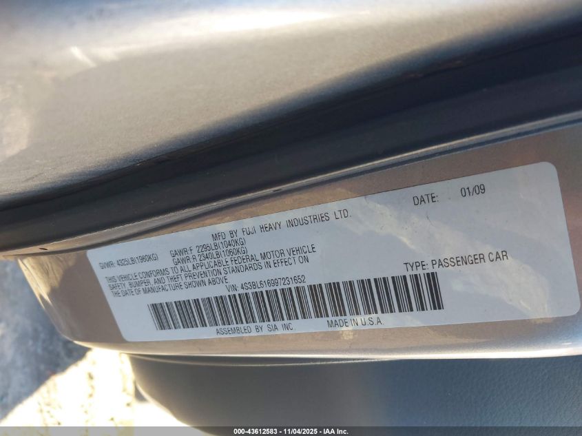 2009 Subaru Legacy 2.5I VIN: 4S3BL616997231652 Lot: 43612583