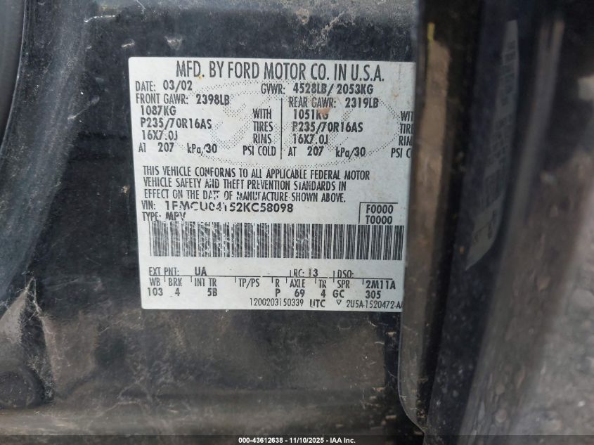 2002 Ford Escape Xlt VIN: 1FMCU04152KC58098 Lot: 43612638