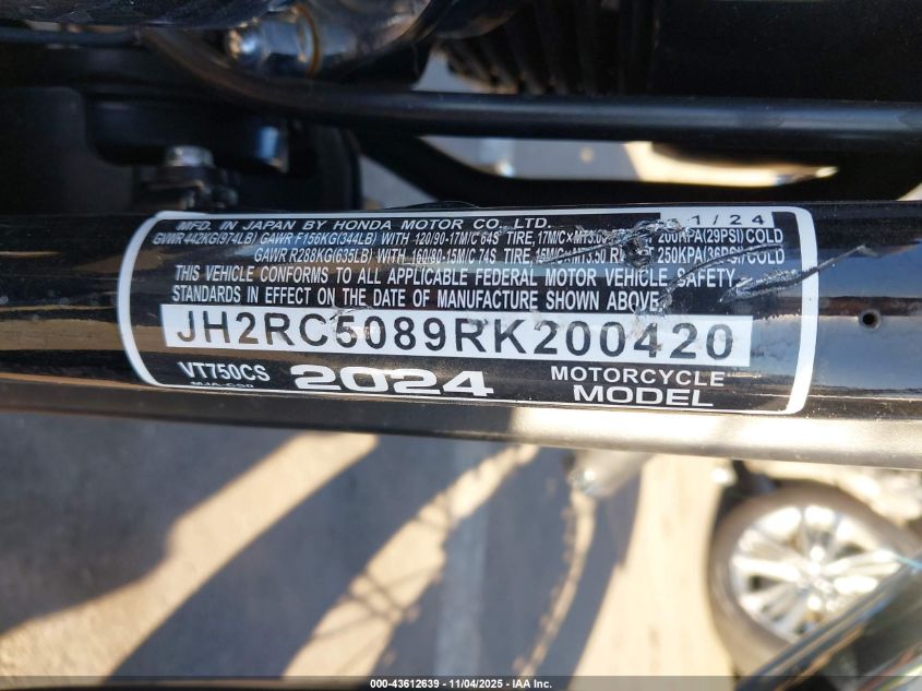 2024 Honda Vt750 Cs VIN: JH2RC5089RK200420 Lot: 43612639