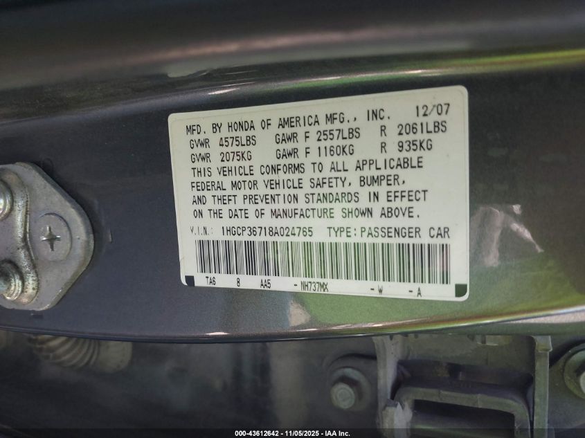 2008 Honda Accord 3.5 Ex VIN: 1HGCP36718A024765 Lot: 43612642