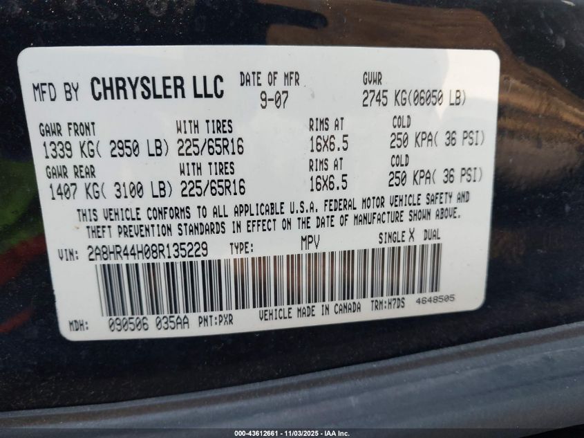 2008 Chrysler Town & Country Lx VIN: 2A8HR44H08R135229 Lot: 43612661