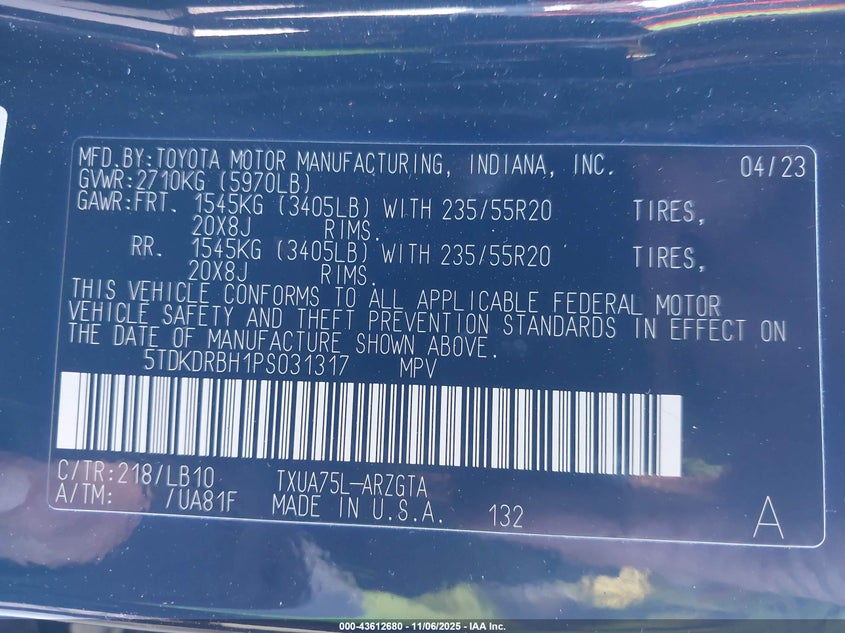 2023 TOYOTA HIGHLANDER LIMITED 5TDKDRBH1PS031317