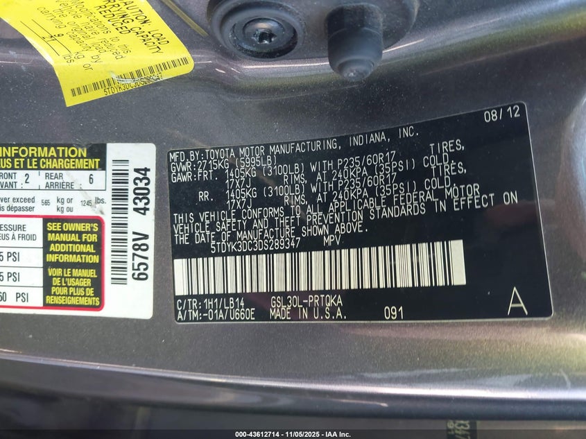 2013 TOYOTA SIENNA XLE V6 8 PASSENGER 5TDYK3DC3DS289347