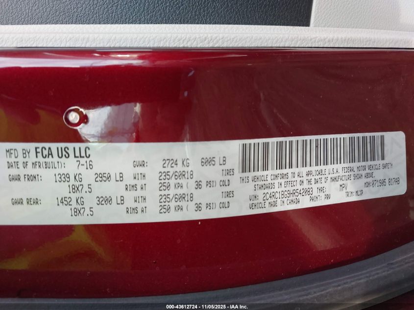 2017 Chrysler Pacifica Touring-L VIN: 2C4RC1BG9HR542083 Lot: 43612724