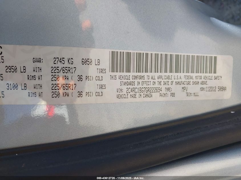 2016 Chrysler Town & Country Touring VIN: 2C4RC1BG7GR222694 Lot: 43612726