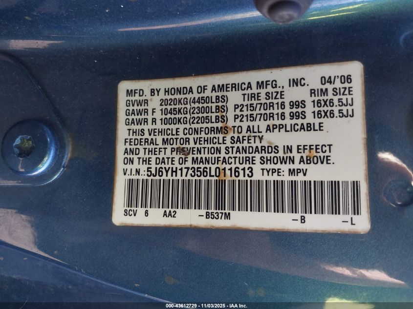 2006 Honda Element Lx VIN: 5J6YH17356L011613 Lot: 43612729