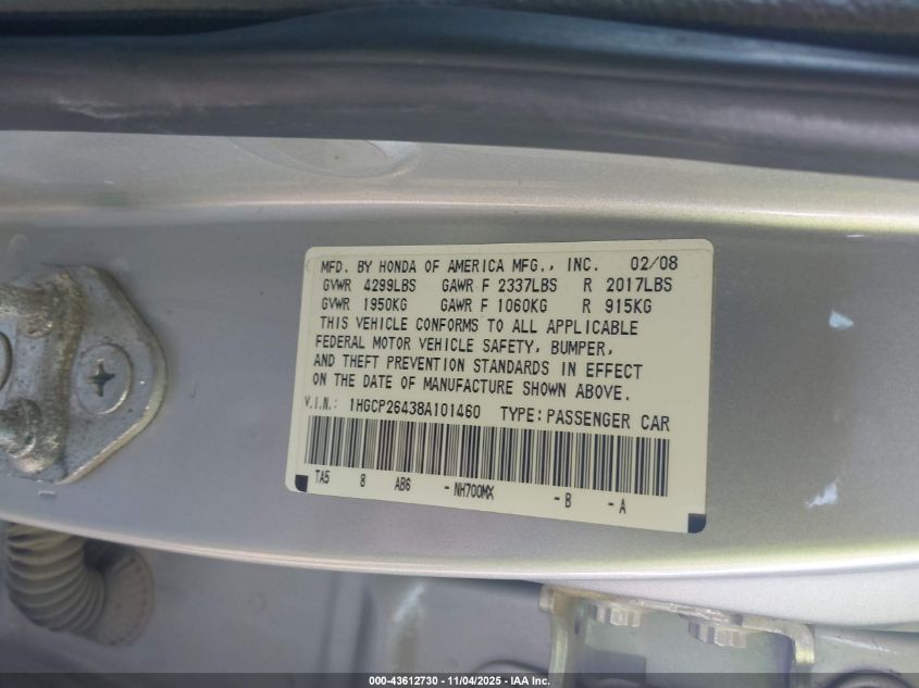 2008 Honda Accord 2.4 Lx-P VIN: 1HGCP26438A101460 Lot: 43612730