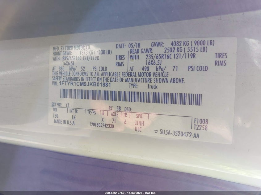 2018 FORD TRANSIT-250 1FTYR1CM9JKB01881