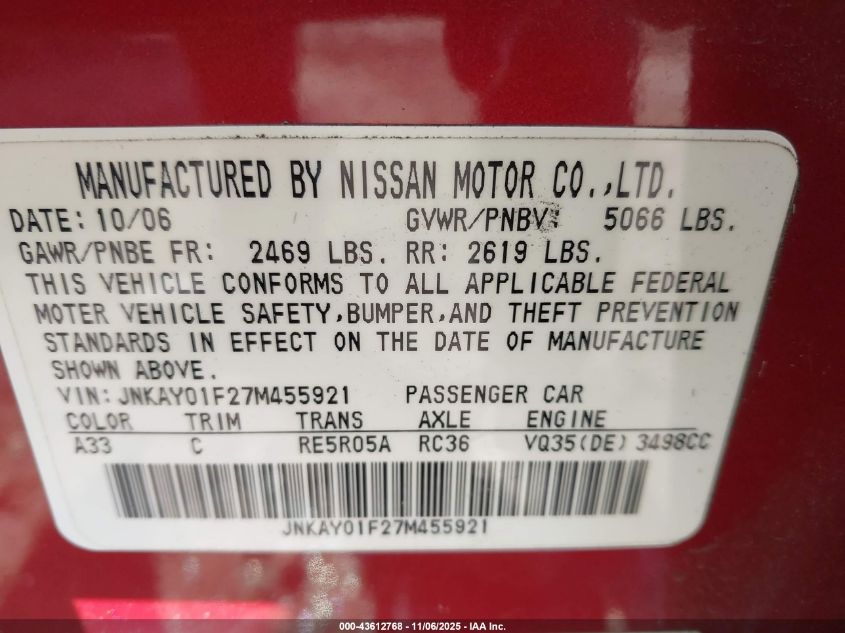 2007 Infiniti M35X VIN: JNKAY01F27M455921 Lot: 43612768