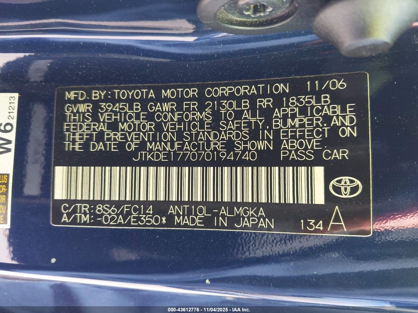 2007 Scion Tc VIN: JTKDE177070194740 Lot: 43612776