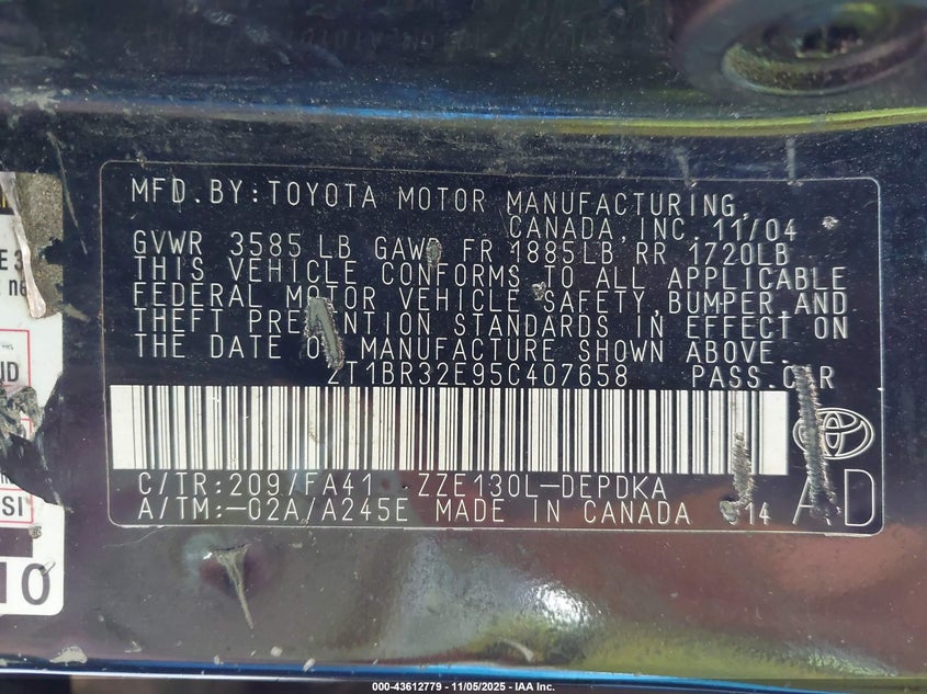 2T1BR32E95C407658 2005 TOYOTA COROLLA photo no. 9