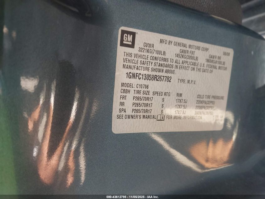 2008 Chevrolet Tahoe Ls VIN: 1GNFC13058R267782 Lot: 43612795