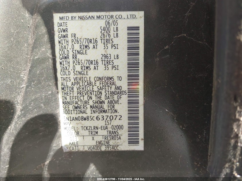 5N1AN08W85C637072 2005 NISSAN XTERRA photo no. 9
