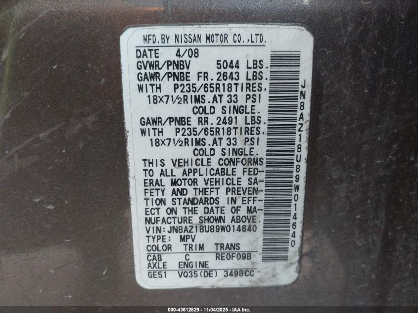 2009 Nissan Murano Sl VIN: JN8AZ18U89W014640 Lot: 43612829