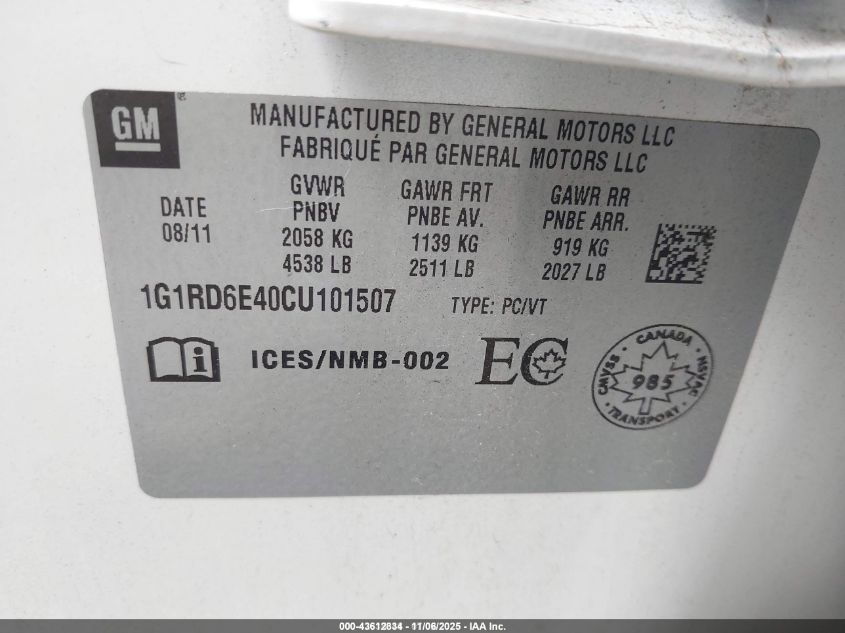 2012 Chevrolet Volt VIN: 1G1RD6E40CU101507 Lot: 43612834