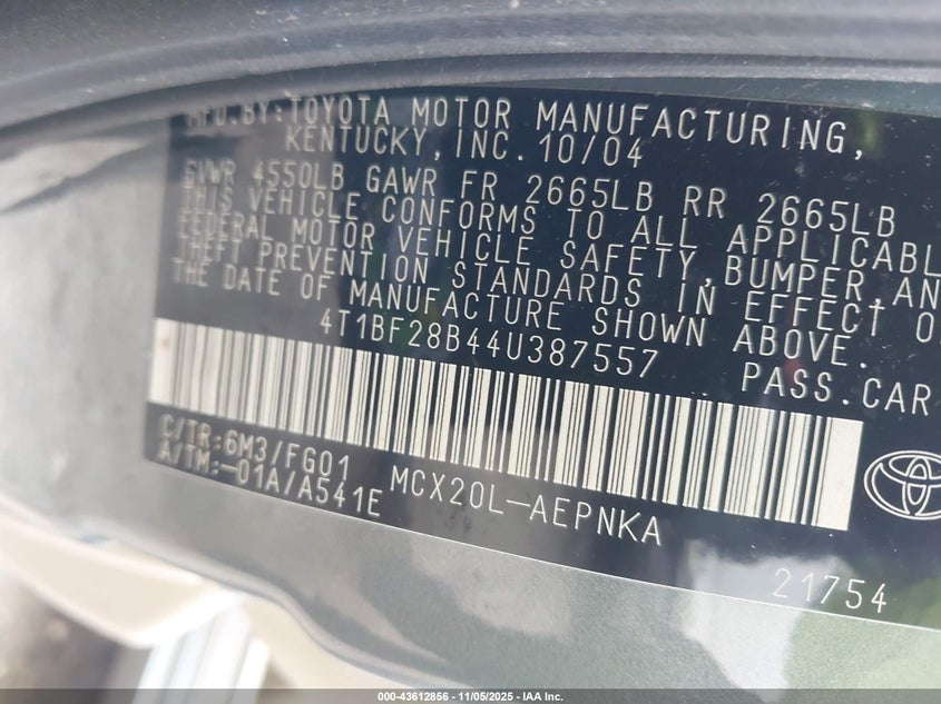 2004 Toyota Avalon Xl VIN: 4T1BF28B44U387557 Lot: 43612856