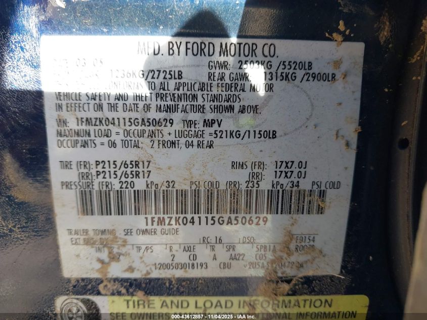 2005 Ford Freestyle Se VIN: 1FMZK04115GA50629 Lot: 43612857