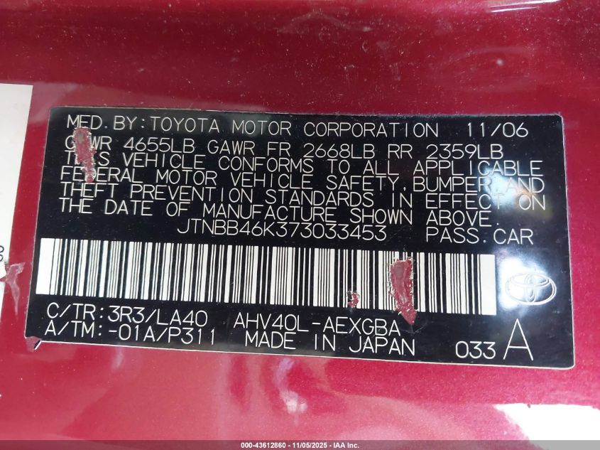 2007 Toyota Camry Hybrid VIN: JTNBB46K373033453 Lot: 43612860