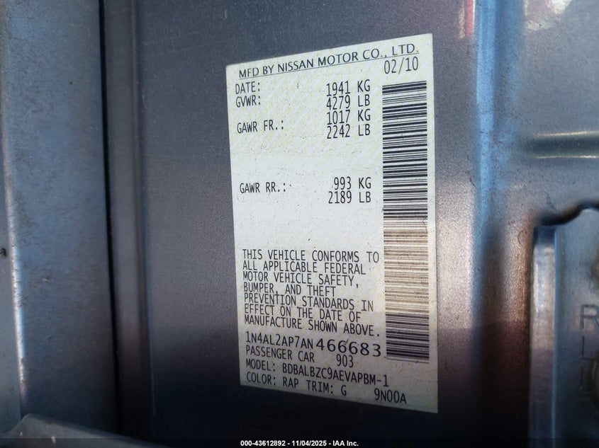 1N4AL2AP7AN466683 2010 NISSAN ALTIMA photo no. 9