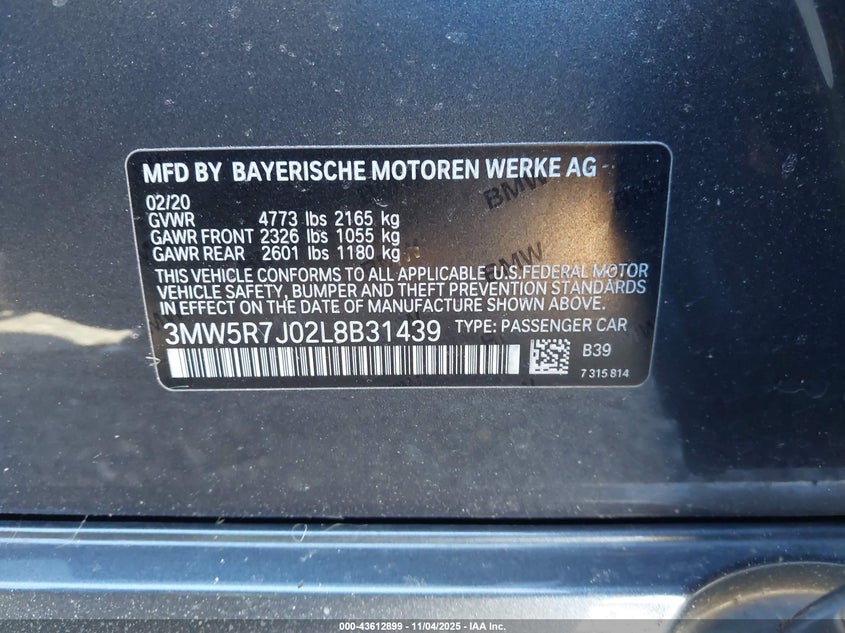 2020 BMW 330I XDRIVE 3MW5R7J02L8B31439