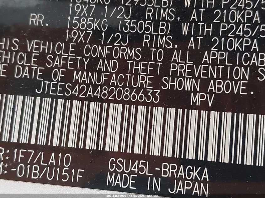 2008 Toyota Highlander Limited VIN: JTEES42A482086633 Lot: 43612909