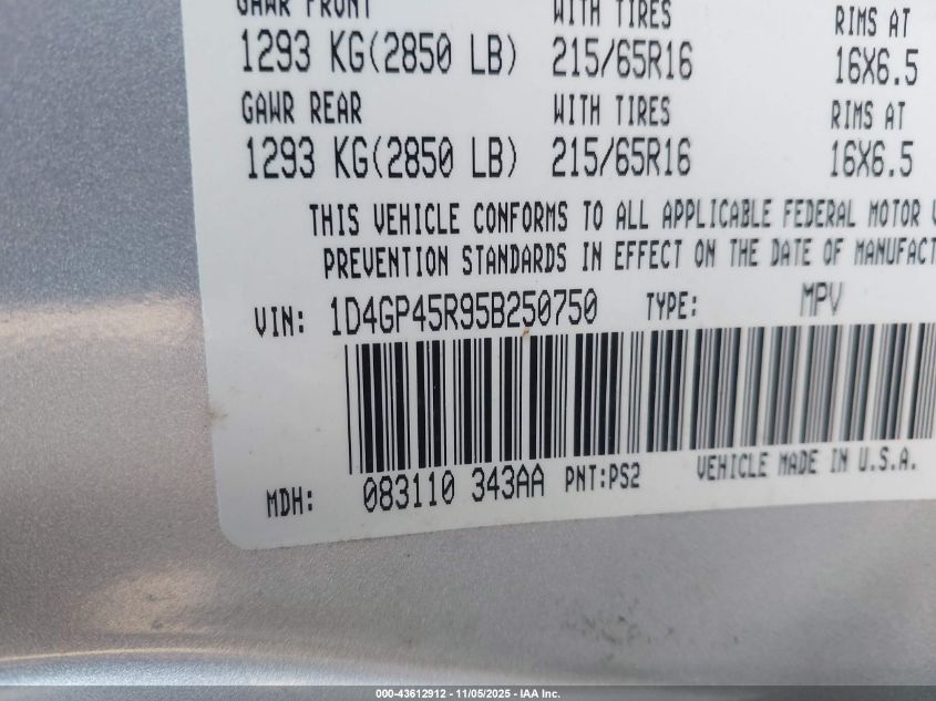 2005 Dodge Caravan Sxt VIN: 1D4GP45R95B250750 Lot: 43612912