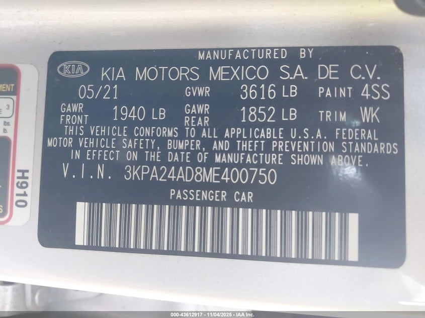 2021 KIA RIO LX 3KPA24AD8ME400750