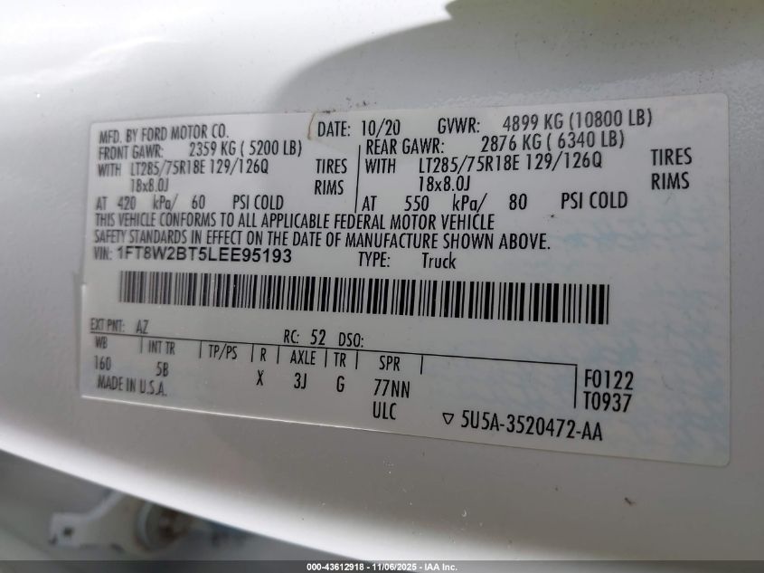 2020 Ford F-250 Lariat VIN: 1FT8W2BT5LEE95193 Lot: 43612918