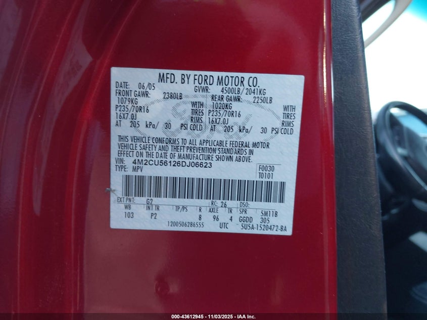 2006 Mercury Mariner Luxury/Premier VIN: 4M2CU56126DJ06623 Lot: 43612945