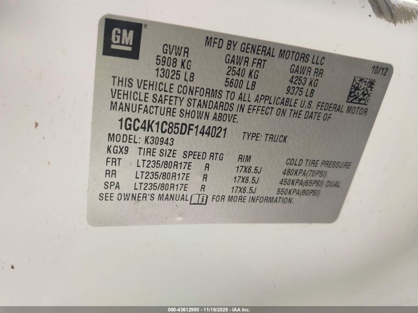 2013 Chevrolet Silverado 3500Hd Ltz VIN: 1GC4K1C85DF144021 Lot: 43612950