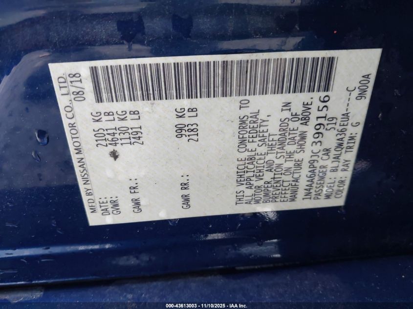 2018 Nissan Maxima 3.5 S VIN: 1N4AA6AP9JC399156 Lot: 43613003