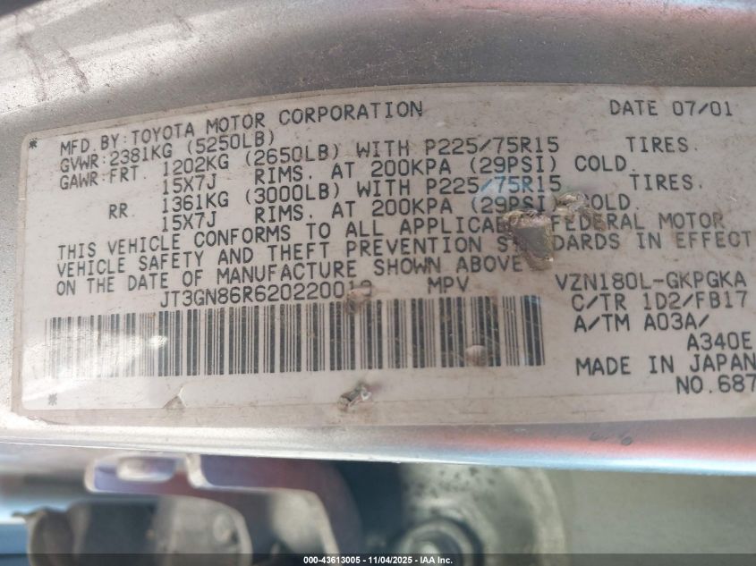 2002 Toyota 4Runner Sr5 V6 VIN: JT3GN86R620220013 Lot: 43613005