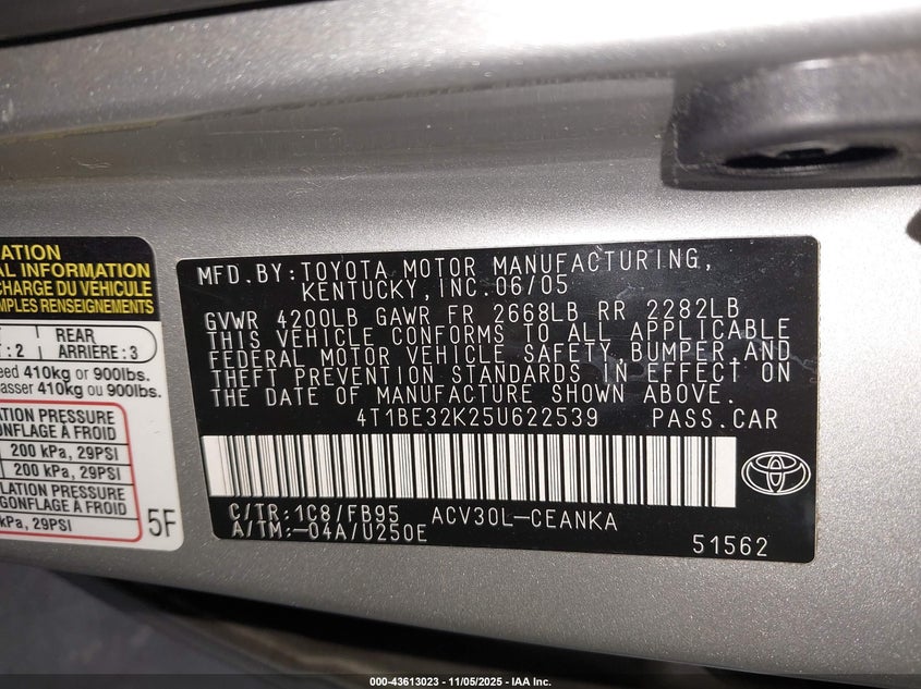 4T1BE32K25U622539 2005 TOYOTA CAMRY photo no. 9