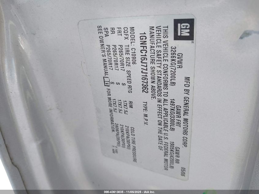 2007 Chevrolet Suburban 1500 Lt VIN: 1GNFC16J77J167362 Lot: 43613035