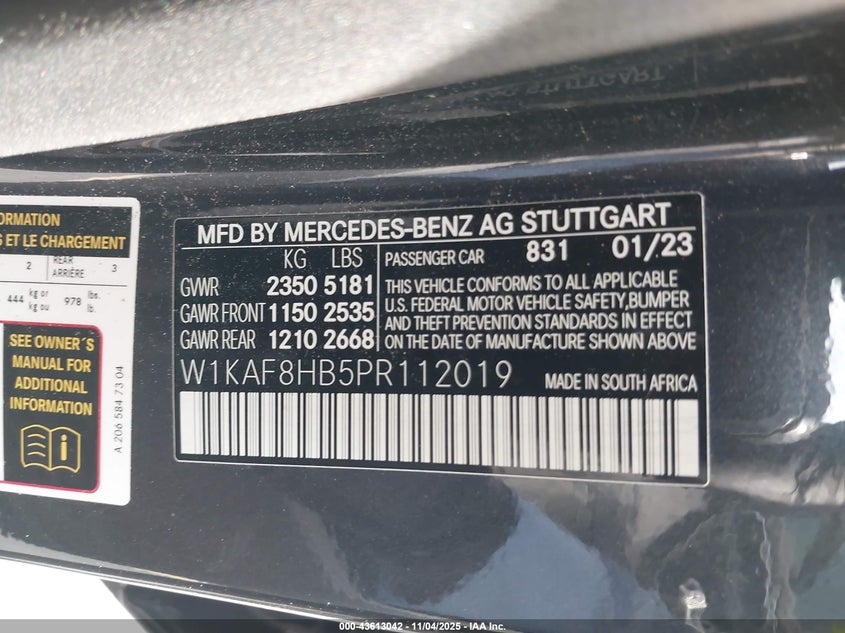 2023 MERCEDES-BENZ AMG C 43 4MATIC W1KAF8HB5PR112019
