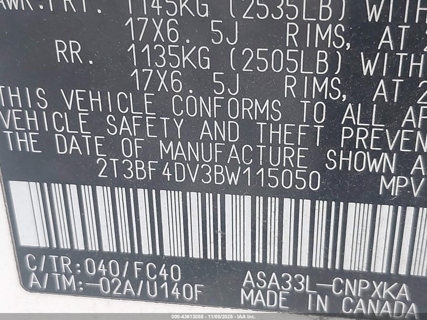 2011 Toyota Rav4 VIN: 2T3BF4DV3BW115050 Lot: 43613058