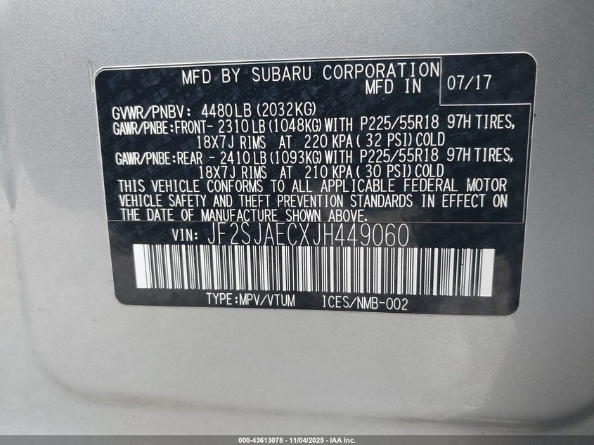 VIN JF2SJAECXJH449060 2018 SUBARU FORESTER 2.5I PREMIUM