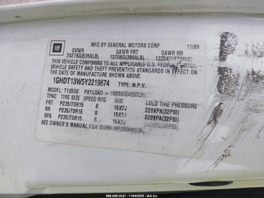 2000 Oldsmobile Bravada VIN: 1GHDT13W5Y2219674 Lot: 43613121