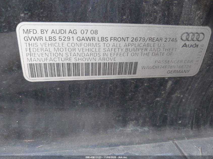 2008 Audi A6 3.2 VIN: WAUDH74F78N166724 Lot: 43613123