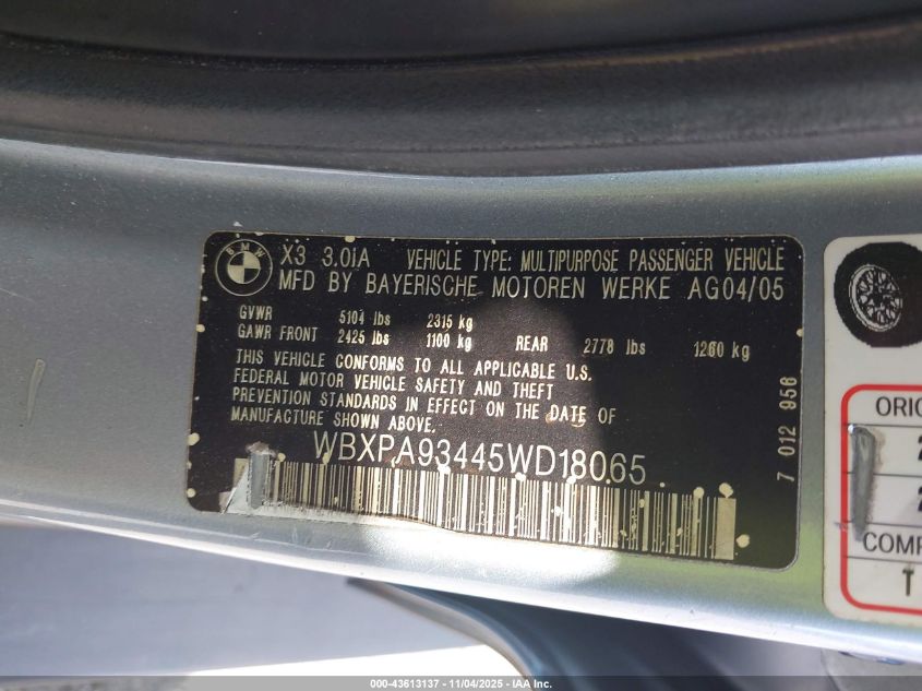 2005 BMW X3 3.0I VIN: WBXPA93445WD18065 Lot: 43613137