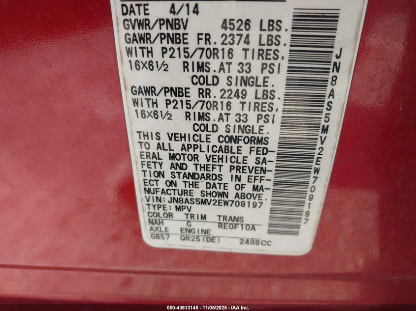 2014 NISSAN ROGUE SELECT S JN8AS5MV2EW709197