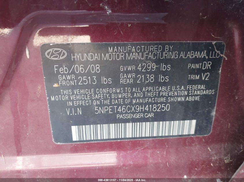 2009 Hyundai Sonata Gls VIN: 5NPET46CX9H418250 Lot: 43613157