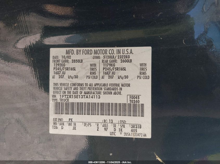 2003 Ford Ranger Xlt VIN: 1FTZR15E13TA14113 Lot: 43613206