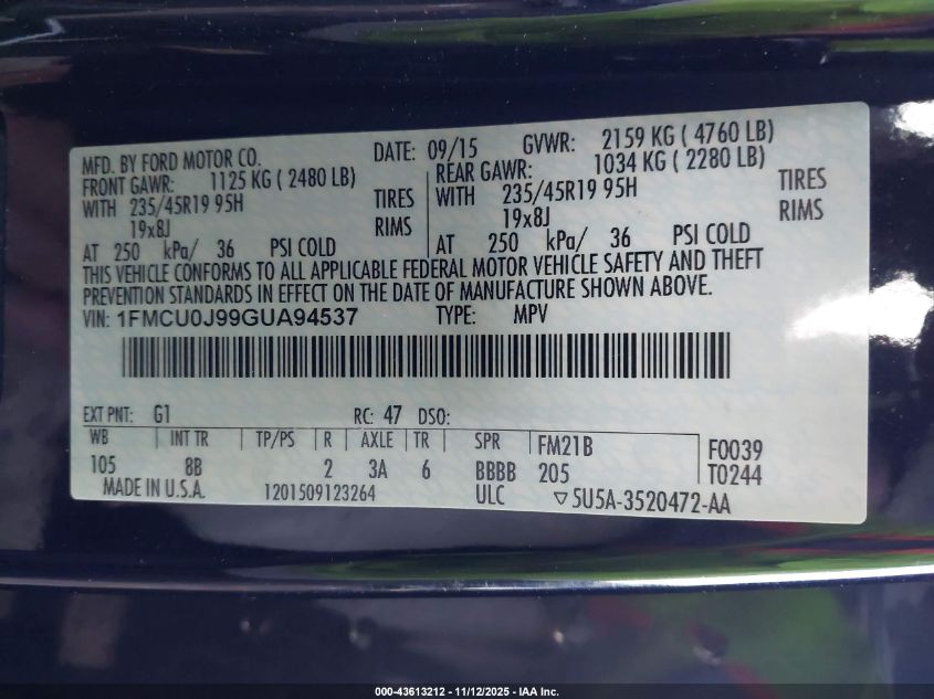 2016 Ford Escape Titanium VIN: 1FMCU0J99GUA94537 Lot: 43613212