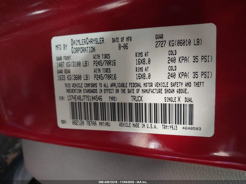 2007 Dodge Dakota Slt VIN: 1D7HE48J77S104546 Lot: 43613216