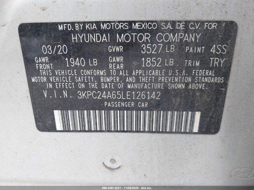 2020 Hyundai Accent Se VIN: 3KPC24A65LE126142 Lot: 43613221
