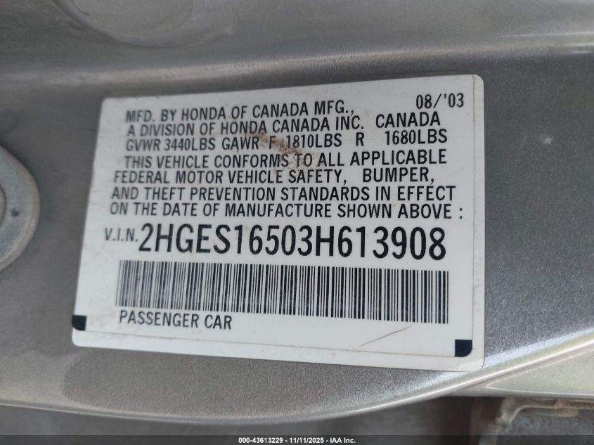 2003 Honda Civic Lx VIN: 2HGES16503H613908 Lot: 43613229