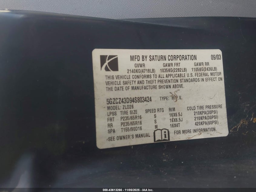 2004 Saturn Vue 4 Cyl VIN: 5GZCZ43D94S803424 Lot: 43613266