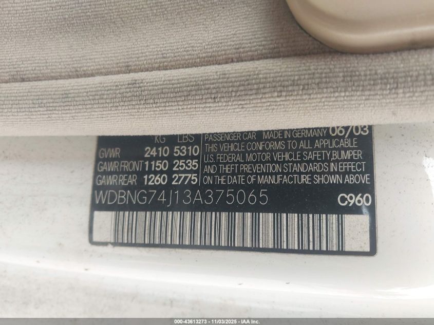 2003 Mercedes-Benz S 55 Amg VIN: WDBNG74J13A375065 Lot: 43613273