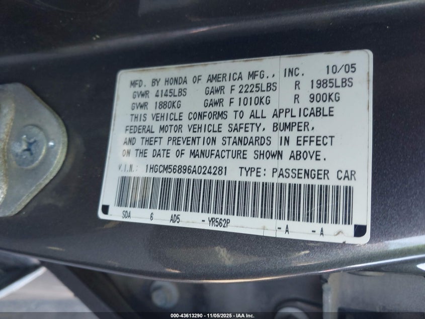 1HGCM56896A024281 2006 HONDA ACCORD photo no. 9